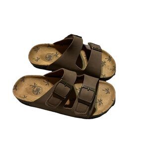 Wonder Nation Tan Brown Double Straps Faux Leather Slip on Slides Sandals Kids 1